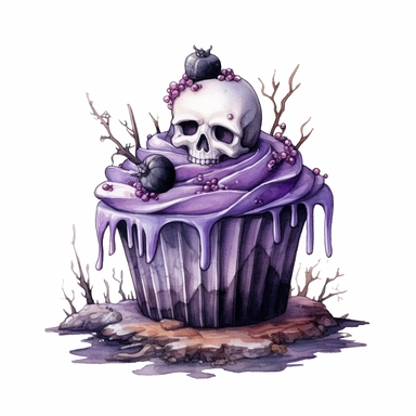 delicious halloween cupcake with grave stones , watercolour illustration clipart, extremely detailed, 4k, high quality, colour scheme black, silver and purple , isolated on white background