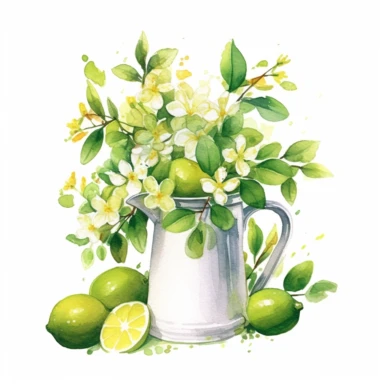 a bouquet of lime branches with lime flowers in a white retro kettle clipart, watercolor style, very soft style, on white background