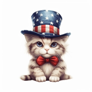 american flag day, clipart, a beautiful cartoonic cat wearing american hat, bow, beautiful, realistic, cute, white background