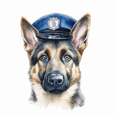 German Shepherd dog wearing blue police officer hat, badge on front of hat, German shepherd in different poses, watercolor illustration, storybook illustration, clipart sheet, eye level, looking at you, white background