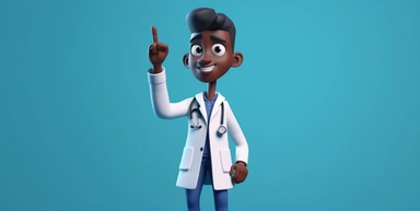 3d rendering, african cartoon character, young doctor with stethoscope and with black skin, shows index finger up, looks at camera. Healthcare clip art isolated on blue background. solving a medical problem. idea concept