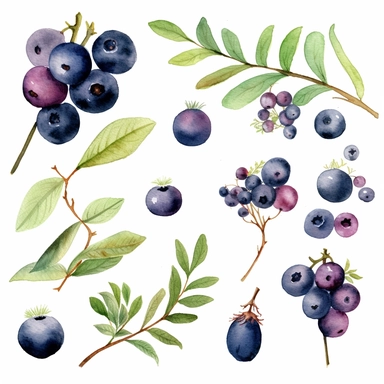 A charming watercolor Huckleberry fruit clipart bundle, showcasing an adorable Huckleberry fruit engrossed in playful activities. Against a clean white background, the watercolor painting depicts the cub's unbridled enjoyment and sense of fun. This Huckleberry fruit clipart bundle infuses designs with a lively and joyful atmosphere, creating a delightful and engaging visual experience. /artistic_style:Watercolor painting /background:white /subject:playful Huckleberry fruit /emotion:enjoyment, fu