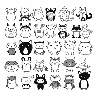 childrens coloring book, white background, thick lines, minimalistic, black and white, clipart character sheet, happy animals wearing clothes
