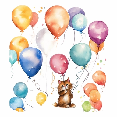 flying cat tied to a balloon clipart, balloons lined up side by side clipart , party balloons clipart, birthday party centerpiece, watercolor clipart