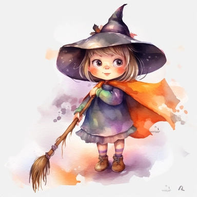 watercolor Kid dressed up to imitate Witch on broomstick Halloween. Outstanding vivid design png. Realistic full-body cartoon in 32K UHD. Cute. 15cm thick frame. No shadows on 8k background with realistic watercolor. And detailed illustrations PNG clipart transparent white background