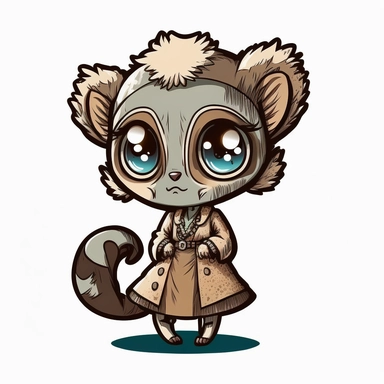 small cute anthropomorphic chibi lemur animal, standing on two legs, dressed like a woman, wearing a dress, clipart, in sticker style, in comics style, cell shading