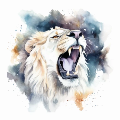 watercolor clipart of roaring white lion, cosmos in background, on white background