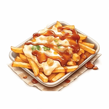 an enchanting watercolor, hyper-realistic clipart image with a white background and white margins, featuring a tray of poutine--French fries smothered in gravy and topped with cheese curds. The ultra-detailed, hand-drawn elements capture the layers of fries, rich gravy, and gooey cheese curds. Use bold shades of brown and white to create a visually captivating image that highlights the indulgent and comforting nature of this Canadian favorite
