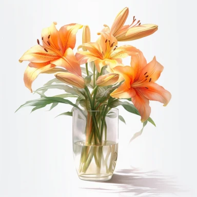 orange lilies in transparent glass vase, full body, pastel beige colors, clipart style, accurate details, oil painting technique, super high quality, oil painting professional clipart, high resolution, isolated white background
