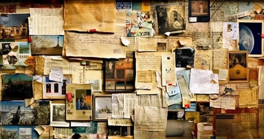 color photo of an Investigation Board full of old and new pictures and notes, close-up of one corner, unorganized, chaotic, messy, cluttered, overwhelming, textured, intricate, complex, detailed, with torn edges, faded colors, scribbles, post-its, lines, arrows, dates, labels, names, faces, maps, charts, graphs, and newspaper clippings — night, dimly lit, with a single lamp casting shadows and highlights on the board — camera settings: Canon EOS 5D Mark IV, Kodak Portra 800 35mm film, Canon EF 5