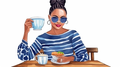 Picture a watercolor clip art scene in Martha's Vineyard featuring an African American woman with a trendy top knot hairstyle, dressed in Anthropologie inspired clothing, accessorized with designer sunglasses. She has two arms and is holding a coffee cup in one hand. She is sitting at an outdoor cafe. water color clipart, isolated on a white background