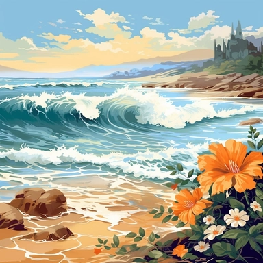 artwork majestic beach in digital painting style , beautiful flowers, sunrise mountains and clouds , big sea waves, water splashes, white background, colorful fantasy flower sorround, highly detailed clean, vector image, photorealistic masterpiece, professional photography, realistic, flat white background, isometric, vibrant vector, clipart, illustration, realism, 4k, , cinematic, front view, white background