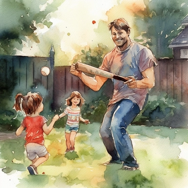 dad playing baseball with the kids in the backyard, clip art, watercolor style--q2--v5.1--s1000