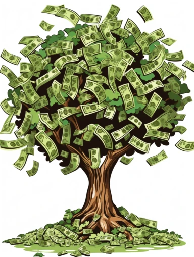 clipart of fictional money tree that could be used to convey to children and young adults that there is no such thing as money grows on trees. This would be illustrated on a white board or cartoon childrens book so the leaves and trunk of the tree do not need to be very detailed but the money protruding from the bushy mass of leaves is the important piece