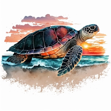 watercolor detailed sea turtle on beach with sunset in the back clipart, white background, no text