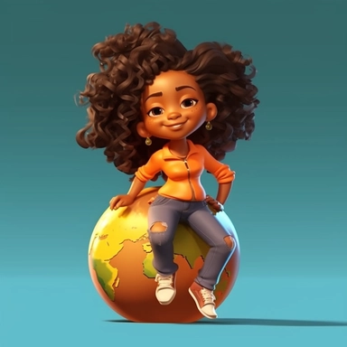 cartoon full figure children book illustration style, smiling, cartoon marvel comic book black sisters baby girl 5 years old, anime, beautiful cartoony 3D animation cartoon baby girl happy,smiling,dark black African-American, with wavy long tresses-jacket in the style of realistic color, palette, sitting on the world globe,studio portrait, bold curves, Crisp and clean look style full body,on white background, clipart
