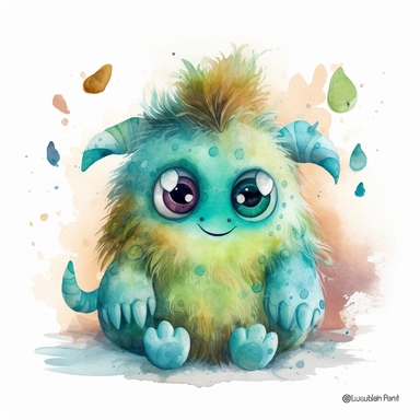 cuddly, super soft looking monster, clipart pictute, childrens book illiustraition style, hd, 8k, turquois, brownish, blueish, greenish, , isilated white background , watercolors