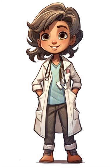 happy cute little girl 5 years old, doctor, folk art, watercolor, clipart elements, smooth gradients, black contour outline, ultra detailed, minimalistic colors, white background, super clear, high quality