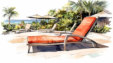 Watercolor clip art, Editorial Style photo, Wide angle, Realistic, Tropical, Lounge chaise furniture, Soft and sandy, lush foliage, High level of detail, Vibrant and tropical, Luxury beach resort brand, Natural and sun-drenched, Beachfront, Afternoon, Relaxing and luxurious, Modern and contemporary, on a white background, no shadow, shot on 70mm lens, Canon camera, 8k, spaced out, stylize 1000,