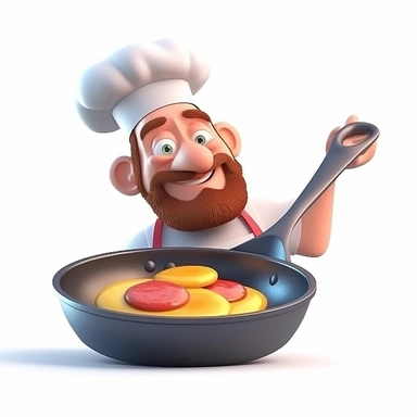 3d render, funny cartoon character flexible hand cooking breakfast in a pan, clip art isolated on white background. Social media metaphor, recommendation concept , UHD, 8k,