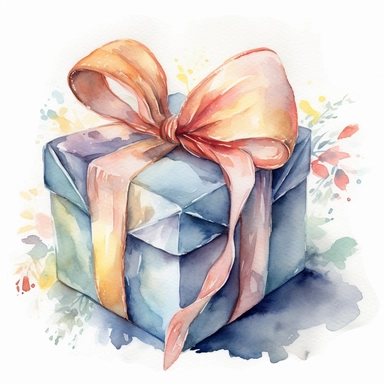 a watercolor illustration of a wrapped gift wrapped ,it has a beautiful silk ribbon bow, Beatrice potter illustration,32k,hand painted details, amazing pastel colours,aquarellist,hd,white background,clipart