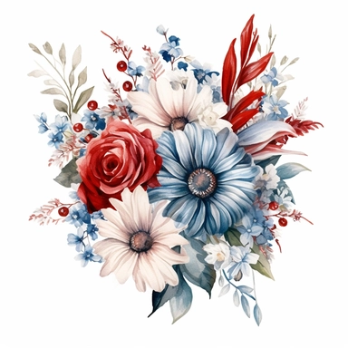 Patriotic Floral Arrangements: Design clipart featuring floral arrangements in red, white, and blue hues. Incorporate flowers like roses, daisies, or carnations to create elegant and patriotic floral elements for your designs. delicate detail, watercolor, in the style of artgerm, 2d game art, quadratura, clipart, on white background,