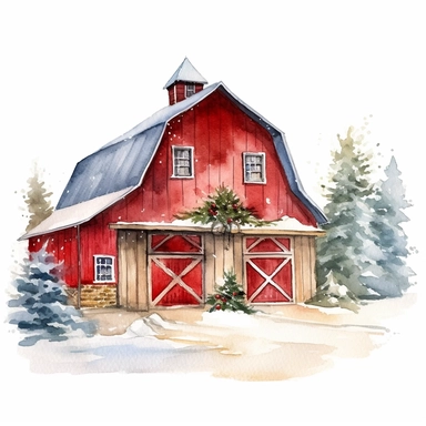 watercolor Christmas barn clipart, vibrant colors, add glitter and lights, on a white background