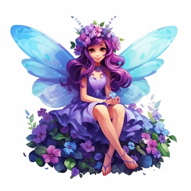 a beautiful smiling fairy girl sitting in flowers, big wings, purple dress, pixar style, full body image, clipart, white background