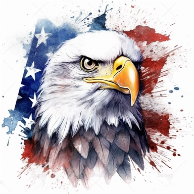 Patriot Eagle American Flag For 4th Of July Watercolor Sublimation Clipart, Cartoon, hyper realistic, intricate detail, illustration style, high solution, on the white background