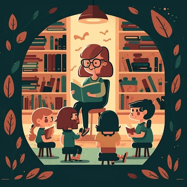 Generate a cover image featuring a young librarian reading a book to a group of children in a cozy library, with blank space in the middle for text or a title. Use clipart-style graphics to create a playful and imaginative scene.