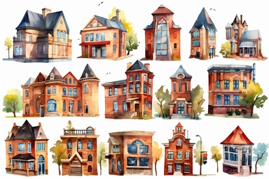 Watercolor, Classroom buildings, clipart, hd, on a white background, spaced out