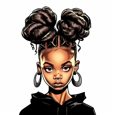 HD, ultra detailed Messy Bun Black Little Girl clipart for a sticker with Whitebackground, in the style of bold outline, jagged edges, trashcore, luminous shadowing, Messy Bun hairstyle, super cute,headshot photography