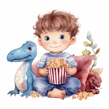 Cute baby boy and dinosaur enjoying movie night with popcorn watercolor Clipart