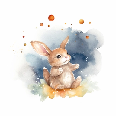 An endearing watercolor rabbit clipart, A heartwarming scene unfolds as a baby rabbit revels in playful joy, lying on the ground in various positions, captured from different perspectives. In one view, the baby rabbit is stretched out on its side, its tiny paws reaching towards the sky, showcasing a sense of carefree abandon. In another, it curls up into a ball, nestling its fluffy body against the soft grass, exuding a sense of comfort and contentment. The artwork, created in watercolor, embrac