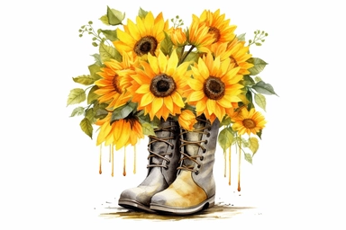 yellow rain boots overflowing with sunflowers, watercolor clipart