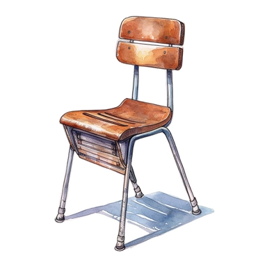 Chair school watercolor,simple Watercolor, hyper realistic, white background, white margins, 16k, ultra detailed clipart, cut out image, hand - drawn, whimsical manhwa style, ultra HD, sharp and clean art