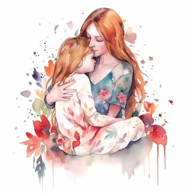 Mother hugging her little daughter, watercolor clipart, hearts, floral, white background
