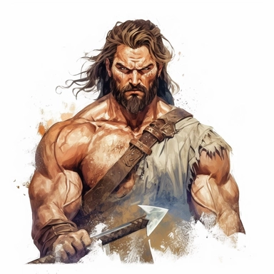 beautiful stunning handsome vintage barbarian d&d male character, paint art style, clipart, white background, superrealistic, one of a kind