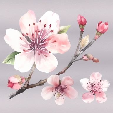 sakura blossom in different poses, clipart, watercolor