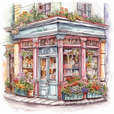 watercolor clipart of a whimsical flower store front, colored pencil drawing, beautiful illustration, good composition, vector, contour, isolated white background, rendered in 26k