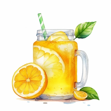 Watercolor clipart very detailed Lemon fruit juice with glass. White background