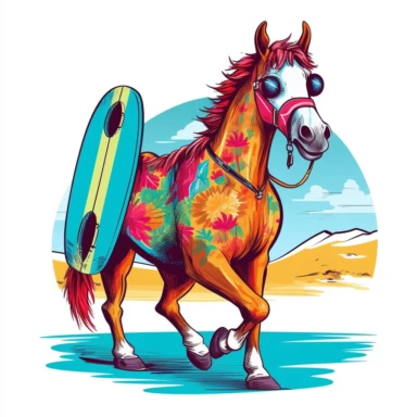 Colorful and vibrant colors to make clip art of a quirky horse on vacation with unique color combinations that stand out and evoke a sense of joy and cheerfulness with a white background