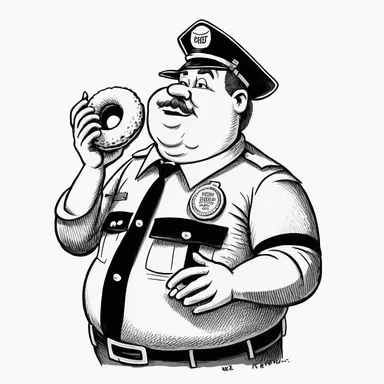 retro cartoon comic fat New York cop eating a doughnut, black and white vintage art clipart illustration, white background,