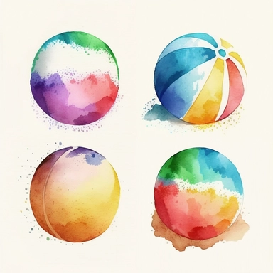 watercolor of a Beach ball set of 4 clipart, view from the top, in the style of watercolor children's book illustration, simple design
