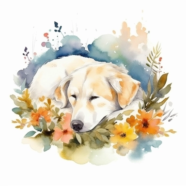 Lazy Dog Sleeping in garden over Flowers and Leaves ,Isolated,Watercolor Clipart