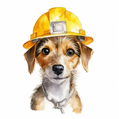 dog wearing yellow construction hat, hard hat, watercolor illustration, storybook illustration, eye level, looking at camera, white background, clipart sheet