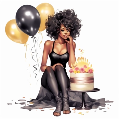 birthday black girl wearing black dress full body sitting with birthday cake, fantasy clipart, on white background, hd, watercolor art