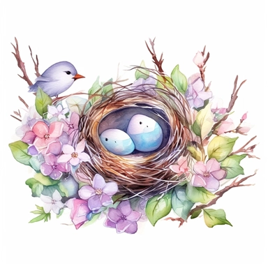 Highly detailed watercolor clipart, floral Bird Nests springtime cute birds and blossoms, , fantasy, highly detailed, fantasy cartoon illustration, greenery, alcohol ink, Watercolor, UHD, 8K, 3D