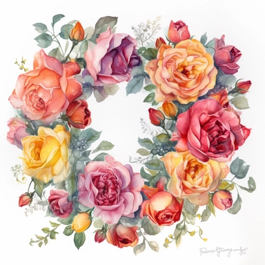 Watercolor Painting of beautiful multi - headed Rose Wreath FLOWERS on white background DETAILED ILUSTRATION, Flora Design Patterns, Flemish Baroque by Rachel Ruysch, Behance, Rococo, Intricate Detailed, Soft Light Effect, Oil Paint Strokes, Light Academia Aesthetic Flowers, Lighting cinematic, all shown shimmering stamens, tyndall light, texture, colorful, 8k, fantasy, ray tracing, vivid, spectacular lighting, octane rendering, highly detailed, ultra - realistic, white background, clipart