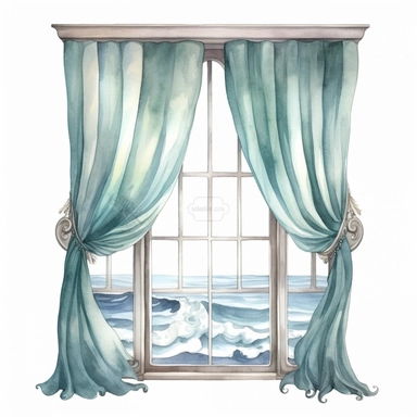 coastal window with flowing curtains, very detailed and realistic, watercolor, white background with margins, clipart style